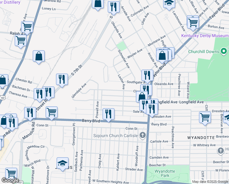 map of restaurants, bars, coffee shops, grocery stores, and more near 1525 Longfield Avenue in Louisville