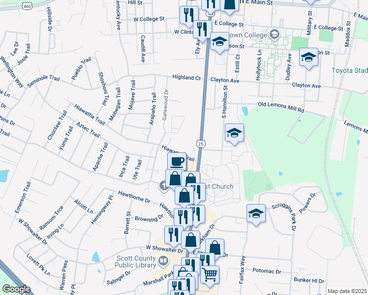 map of restaurants, bars, coffee shops, grocery stores, and more near 120 Hiawatha Trail in Georgetown