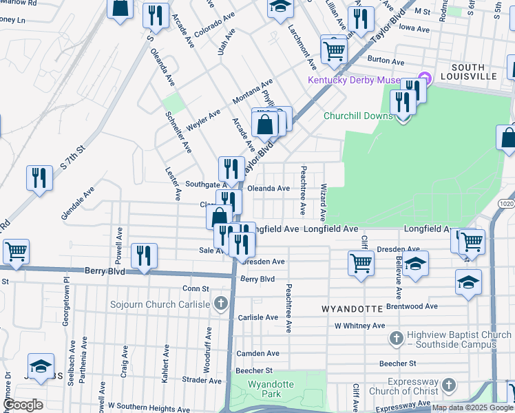 map of restaurants, bars, coffee shops, grocery stores, and more near 3419 Taylor Boulevard in Louisville