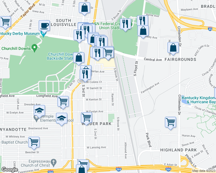 map of restaurants, bars, coffee shops, grocery stores, and more near 101 East Garrett Street in Louisville