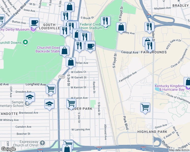 map of restaurants, bars, coffee shops, grocery stores, and more near 115 East Garrett Street in Louisville