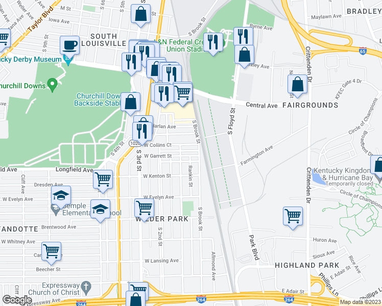 map of restaurants, bars, coffee shops, grocery stores, and more near 113 East Garrett Street in Louisville