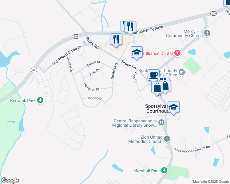 map of restaurants, bars, coffee shops, grocery stores, and more near 207 Spotslee Drive in Spotsylvania