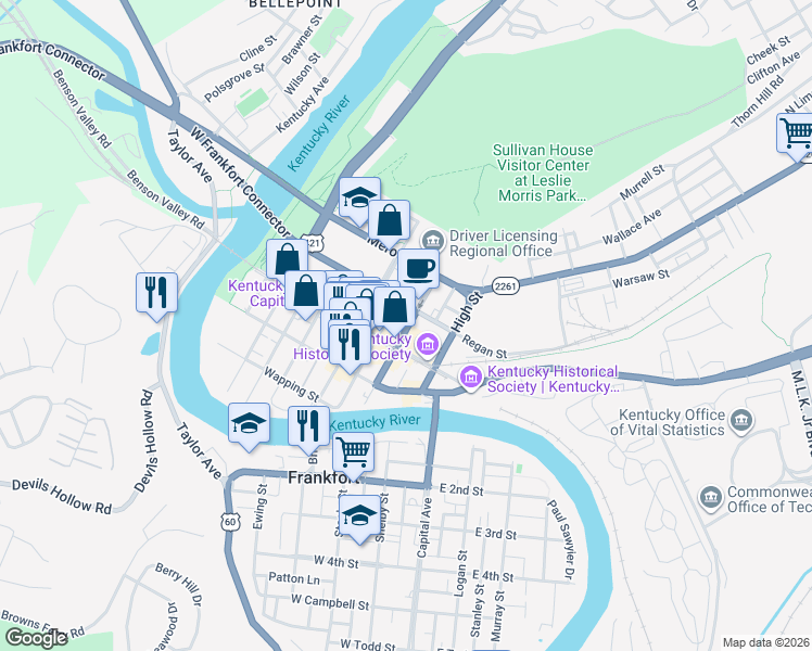 map of restaurants, bars, coffee shops, grocery stores, and more near 100 Ann Street in Frankfort