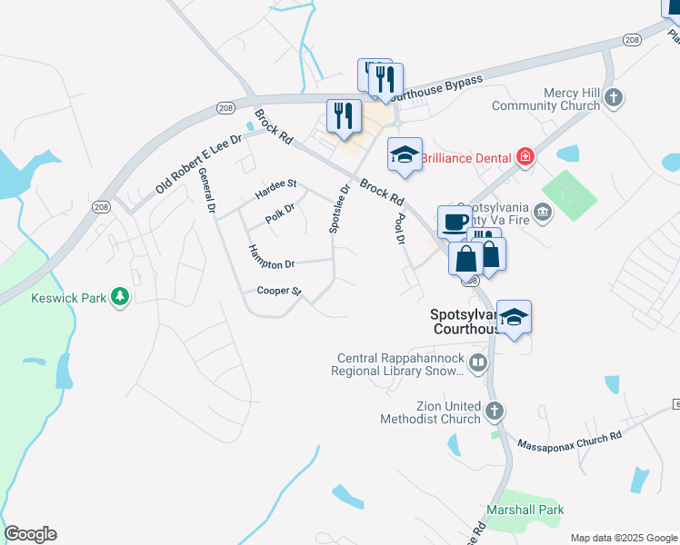 map of restaurants, bars, coffee shops, grocery stores, and more near 207 Spotslee Drive in Spotsylvania