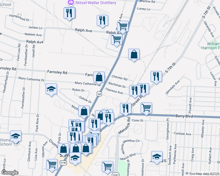 map of restaurants, bars, coffee shops, grocery stores, and more near 1731 Bachman Drive in Louisville