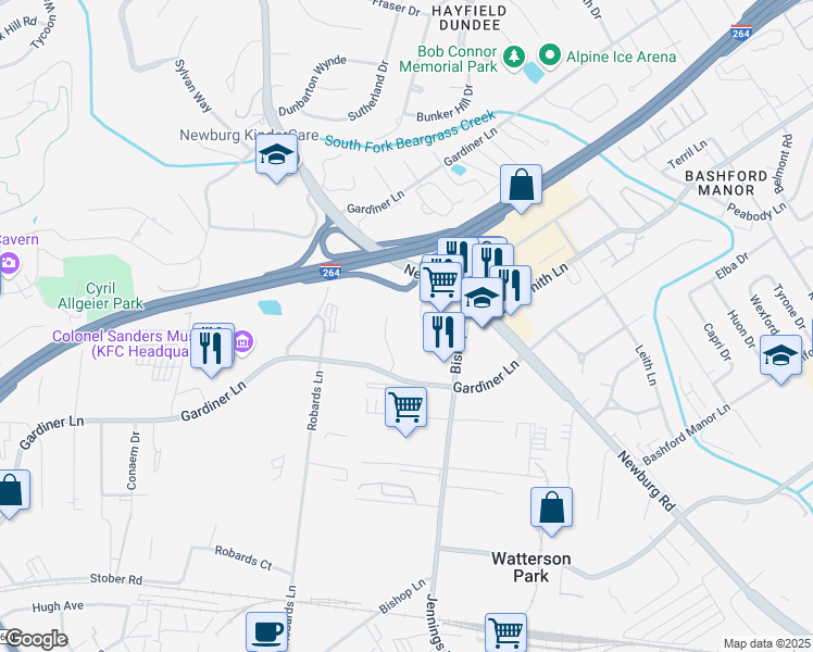 map of restaurants, bars, coffee shops, grocery stores, and more near 3903 Atkinson Square Drive in Louisville
