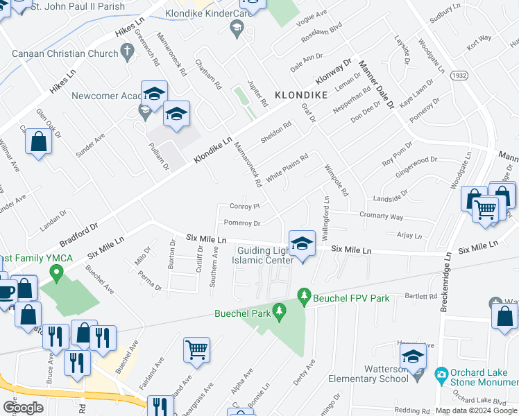 map of restaurants, bars, coffee shops, grocery stores, and more near 4012 Mamaroneck Road in Louisville