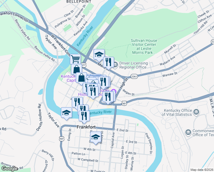 map of restaurants, bars, coffee shops, grocery stores, and more near 218 Clinton Street in Frankfort