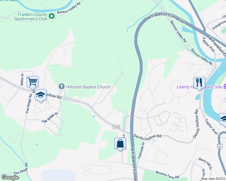 map of restaurants, bars, coffee shops, grocery stores, and more near 119 Skyview Drive in Frankfort