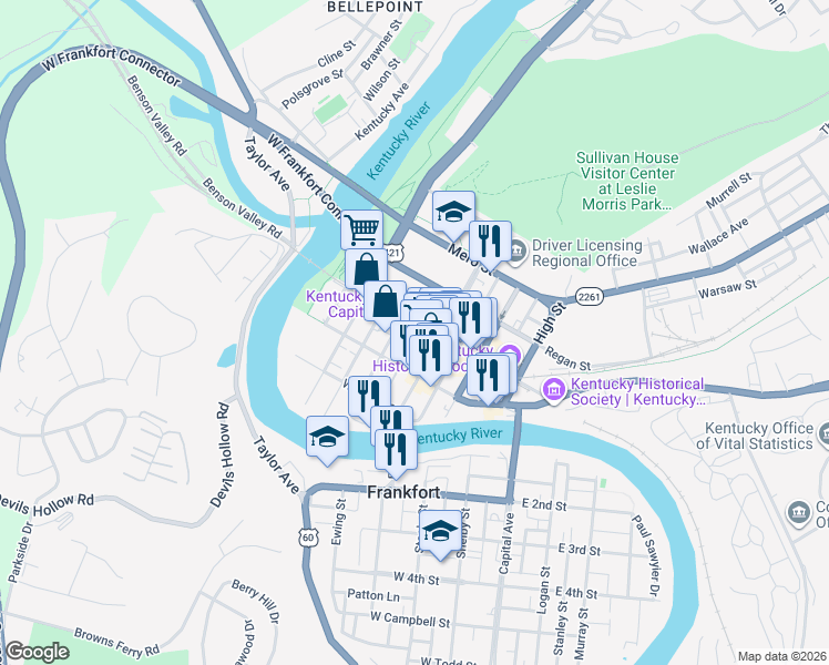 map of restaurants, bars, coffee shops, grocery stores, and more near 330 West Broadway Street in Frankfort