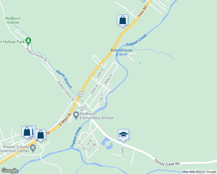 map of restaurants, bars, coffee shops, grocery stores, and more near 205 Maher Drive in Morehead