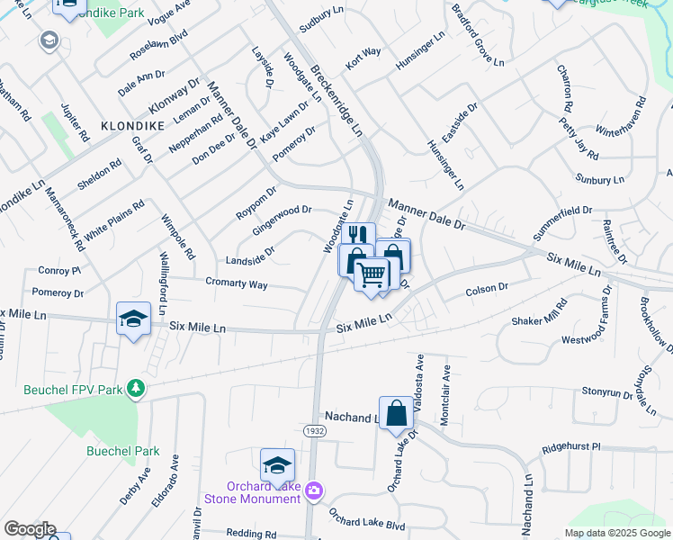 map of restaurants, bars, coffee shops, grocery stores, and more near 4206 Landside Drive in Louisville