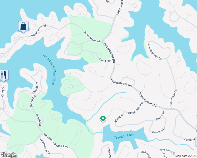 map of restaurants, bars, coffee shops, grocery stores, and more near 114 Columbine Road in Village of Four Seasons
