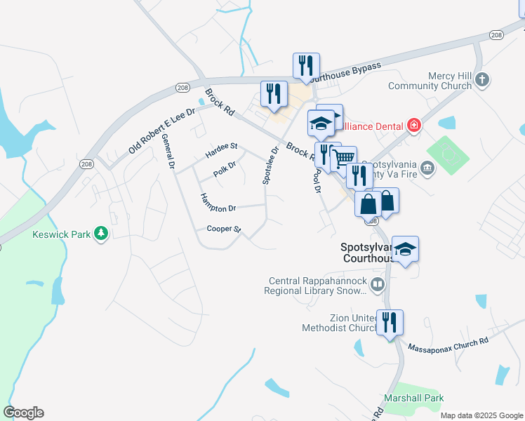 map of restaurants, bars, coffee shops, grocery stores, and more near 202 Spotslee Drive in Spotsylvania