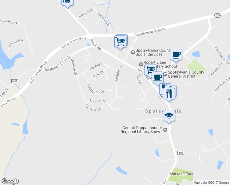 map of restaurants, bars, coffee shops, grocery stores, and more near 202 Spotslee Drive in Spotsylvania