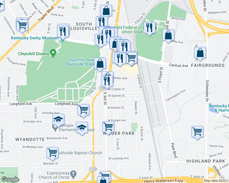 map of restaurants, bars, coffee shops, grocery stores, and more near 206 West Collins Court in Louisville