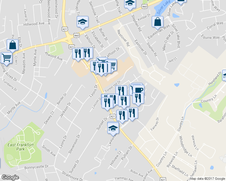 map of restaurants, bars, coffee shops, grocery stores, and more near in Frankfort