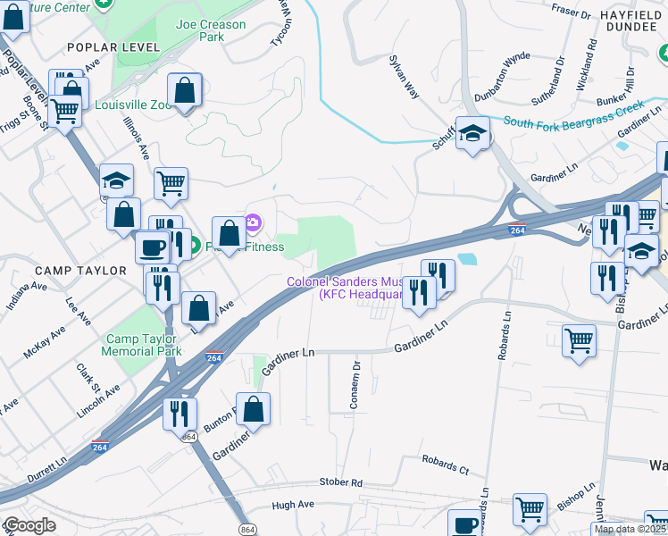 map of restaurants, bars, coffee shops, grocery stores, and more near in Louisville