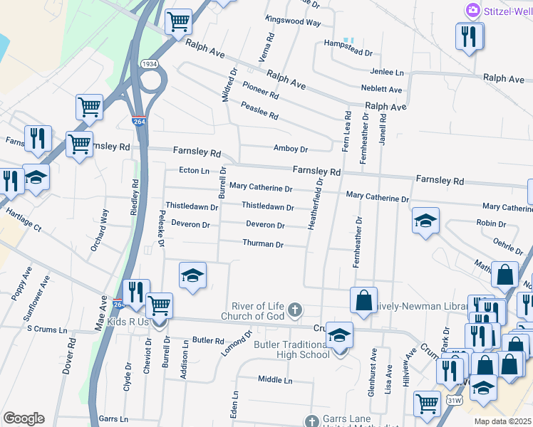 map of restaurants, bars, coffee shops, grocery stores, and more near in Shively