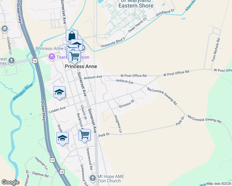 map of restaurants, bars, coffee shops, grocery stores, and more near 30708 Hampden Avenue in Princess Anne