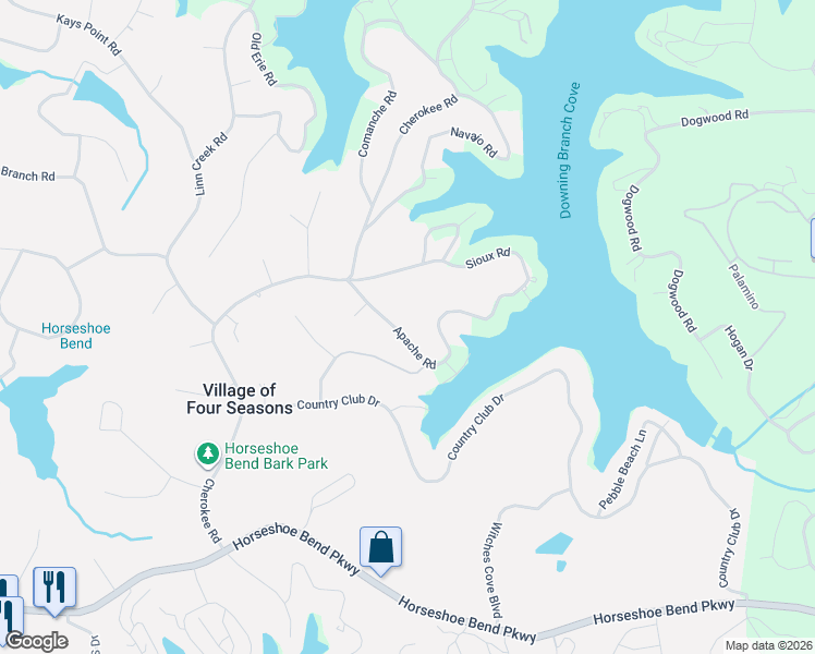 map of restaurants, bars, coffee shops, grocery stores, and more near 104 Apache Court in Lake Ozark