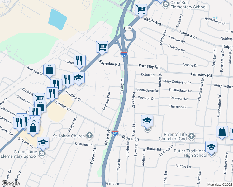 map of restaurants, bars, coffee shops, grocery stores, and more near 3004 Wayne Road in Louisville