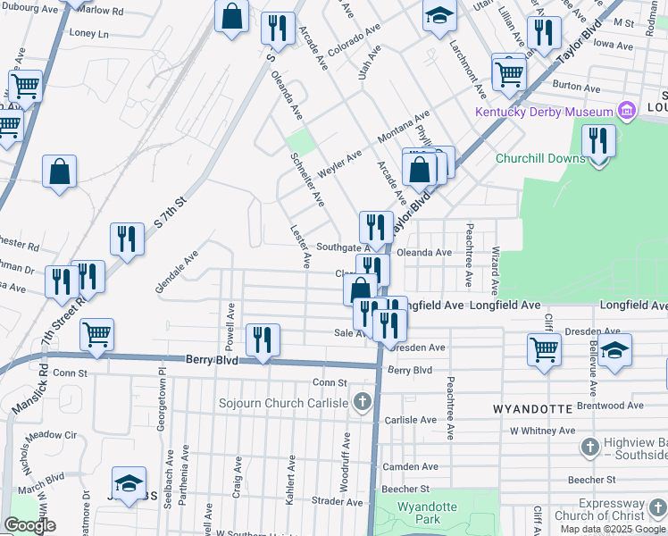 map of restaurants, bars, coffee shops, grocery stores, and more near 1320 Southgate Avenue in Louisville