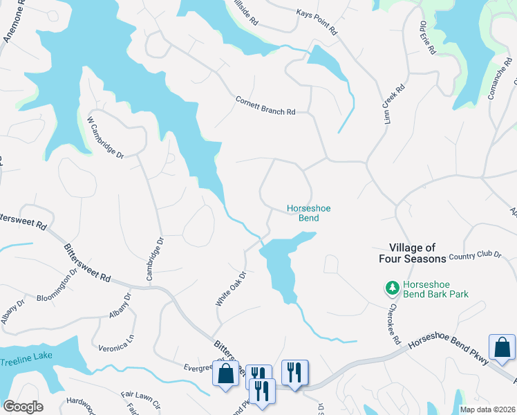 map of restaurants, bars, coffee shops, grocery stores, and more near Ridge Road in Village of Four Seasons