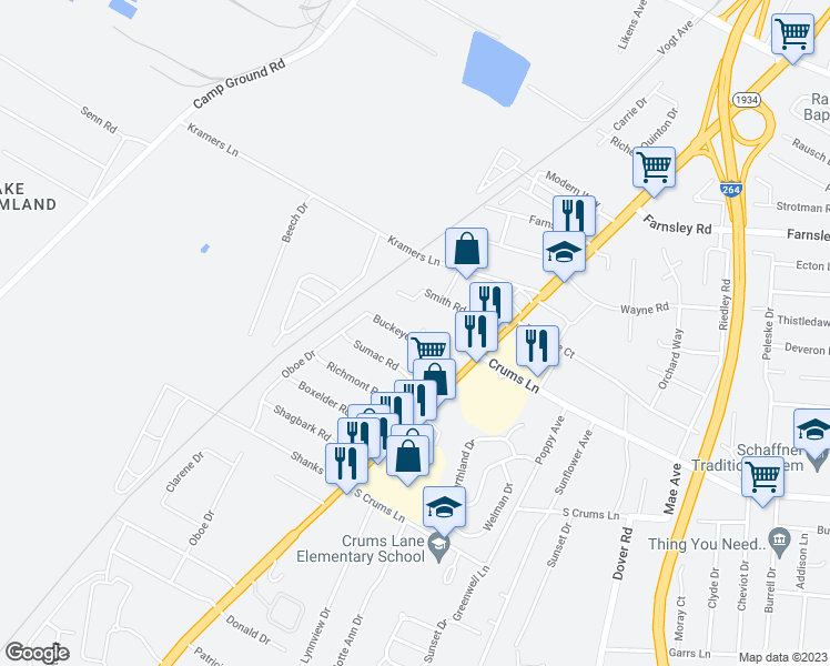 map of restaurants, bars, coffee shops, grocery stores, and more near 4312 Sassafras Road in Louisville
