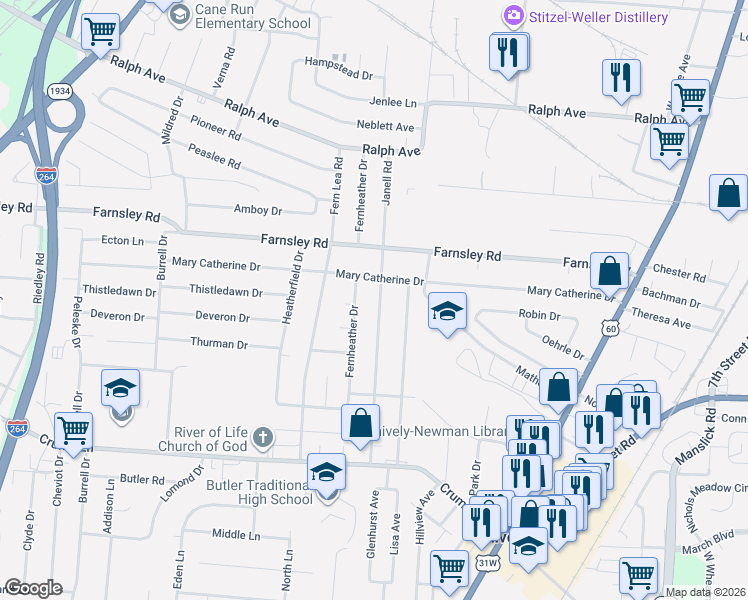 map of restaurants, bars, coffee shops, grocery stores, and more near 3408 Janell Road in Louisville