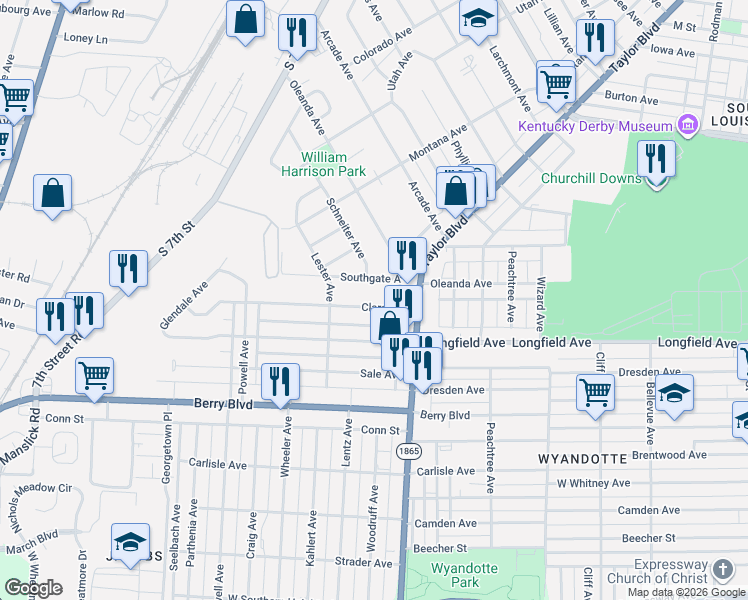 map of restaurants, bars, coffee shops, grocery stores, and more near 1320 Southgate Avenue in Louisville
