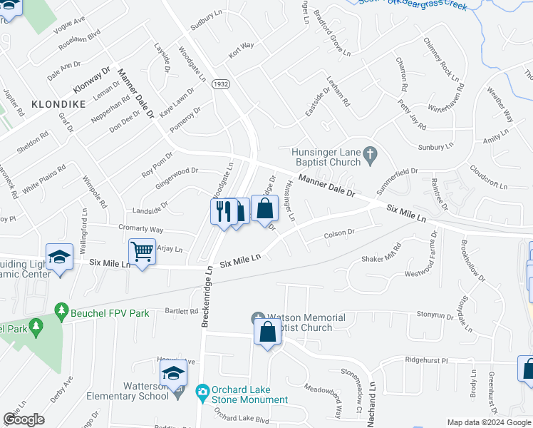 map of restaurants, bars, coffee shops, grocery stores, and more near 3319 Enridge Drive in Louisville
