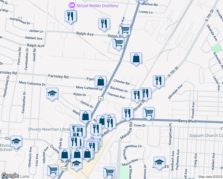 map of restaurants, bars, coffee shops, grocery stores, and more near 1731 Bachman Drive in Louisville