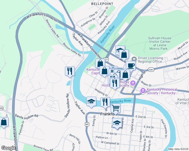 map of restaurants, bars, coffee shops, grocery stores, and more near 312-314 Wilkinson Boulevard in Frankfort