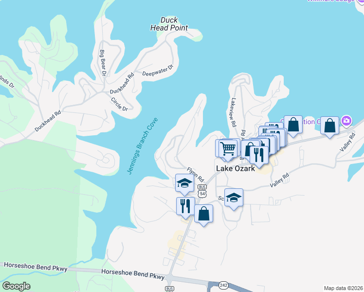map of restaurants, bars, coffee shops, grocery stores, and more near 188 Flynn Road in Lake Ozark
