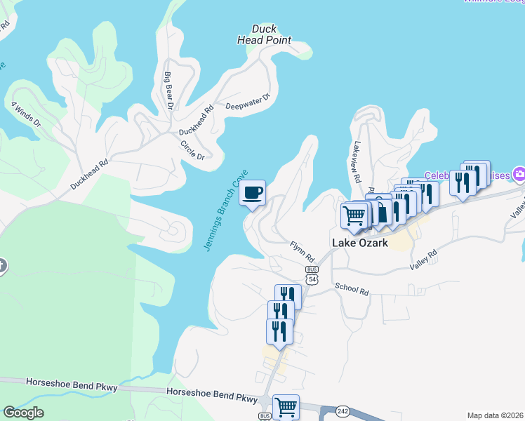 map of restaurants, bars, coffee shops, grocery stores, and more near Westwind Drive in Lake Ozark