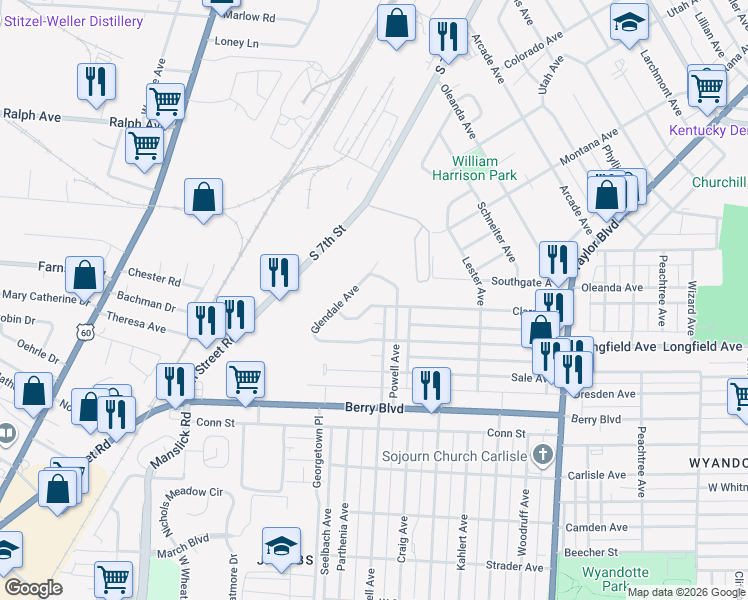 map of restaurants, bars, coffee shops, grocery stores, and more near 3302 Powell Avenue in Louisville