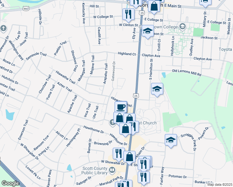 map of restaurants, bars, coffee shops, grocery stores, and more near 101-103 Pawnee Trail in Georgetown