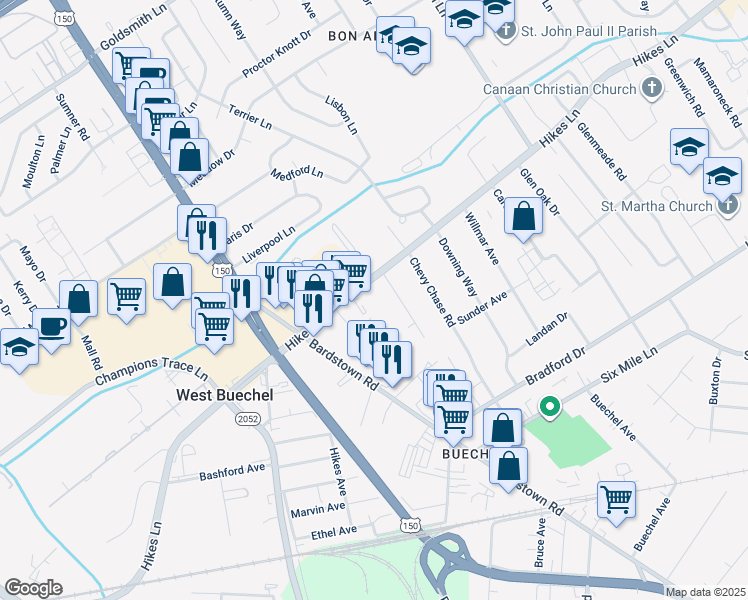 map of restaurants, bars, coffee shops, grocery stores, and more near 2259 Hikes Lane in Louisville