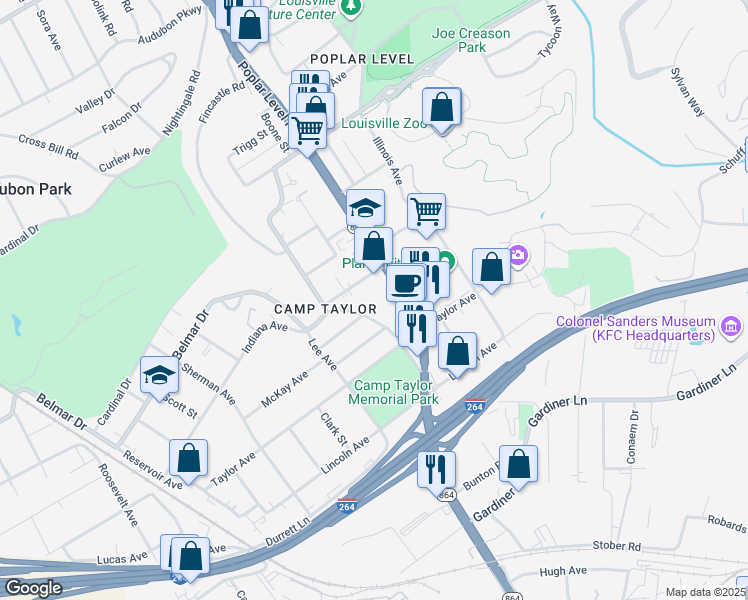 map of restaurants, bars, coffee shops, grocery stores, and more near 4006 Poplar Level Road in Louisville