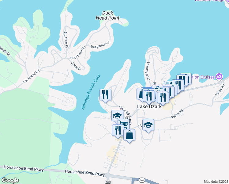 map of restaurants, bars, coffee shops, grocery stores, and more near 188 Flynn Road in Lake Ozark