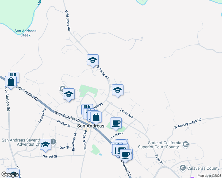 map of restaurants, bars, coffee shops, grocery stores, and more near 305 Neilsen Road in San Andreas