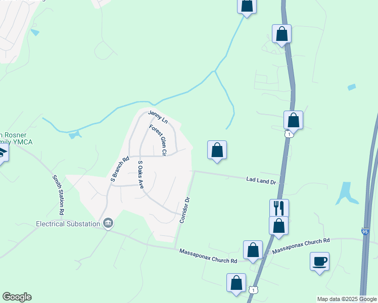 map of restaurants, bars, coffee shops, grocery stores, and more near 5302 South Branch Road in Fredericksburg