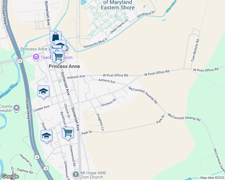map of restaurants, bars, coffee shops, grocery stores, and more near 30752 Hampden Avenue in Princess Anne