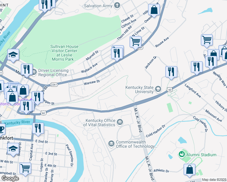 map of restaurants, bars, coffee shops, grocery stores, and more near 7 Meadowbrook Road in Frankfort