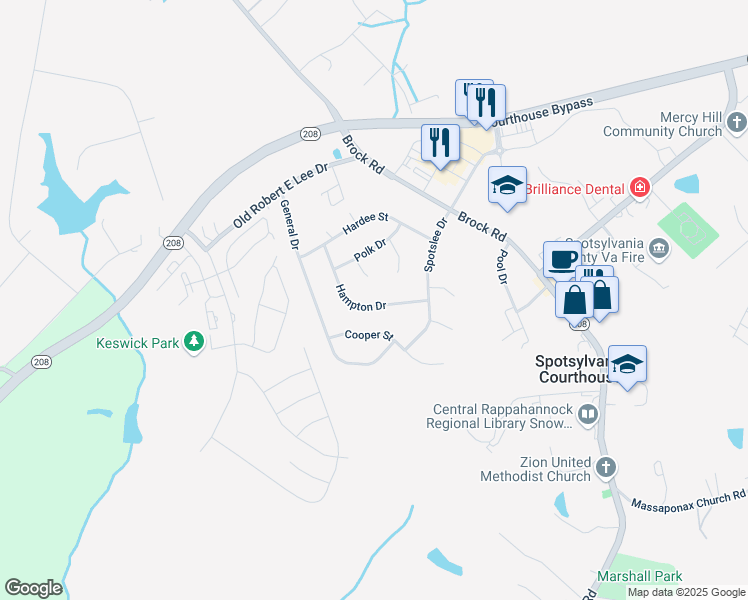 map of restaurants, bars, coffee shops, grocery stores, and more near 215 Hampton Drive in Spotsylvania