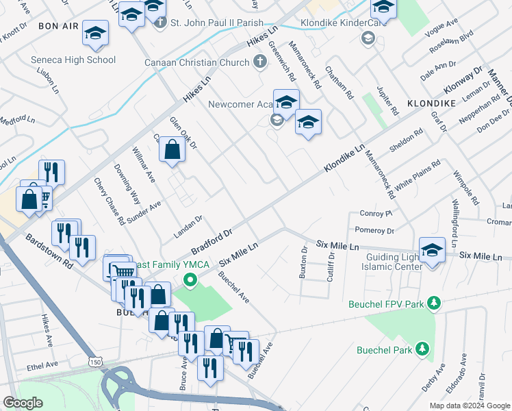map of restaurants, bars, coffee shops, grocery stores, and more near 2511 Bradford Drive in Louisville