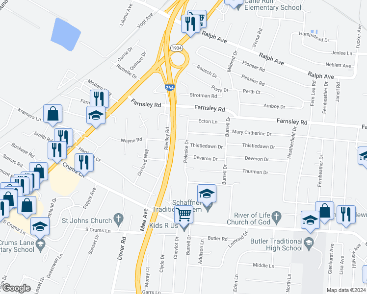 map of restaurants, bars, coffee shops, grocery stores, and more near 3422 Peleske Drive in Louisville
