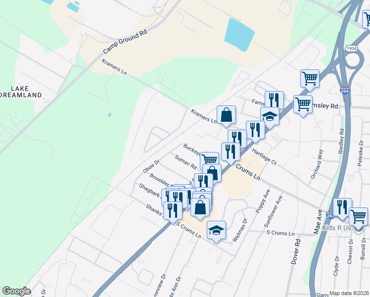 map of restaurants, bars, coffee shops, grocery stores, and more near 3702 Oboe Drive in Louisville